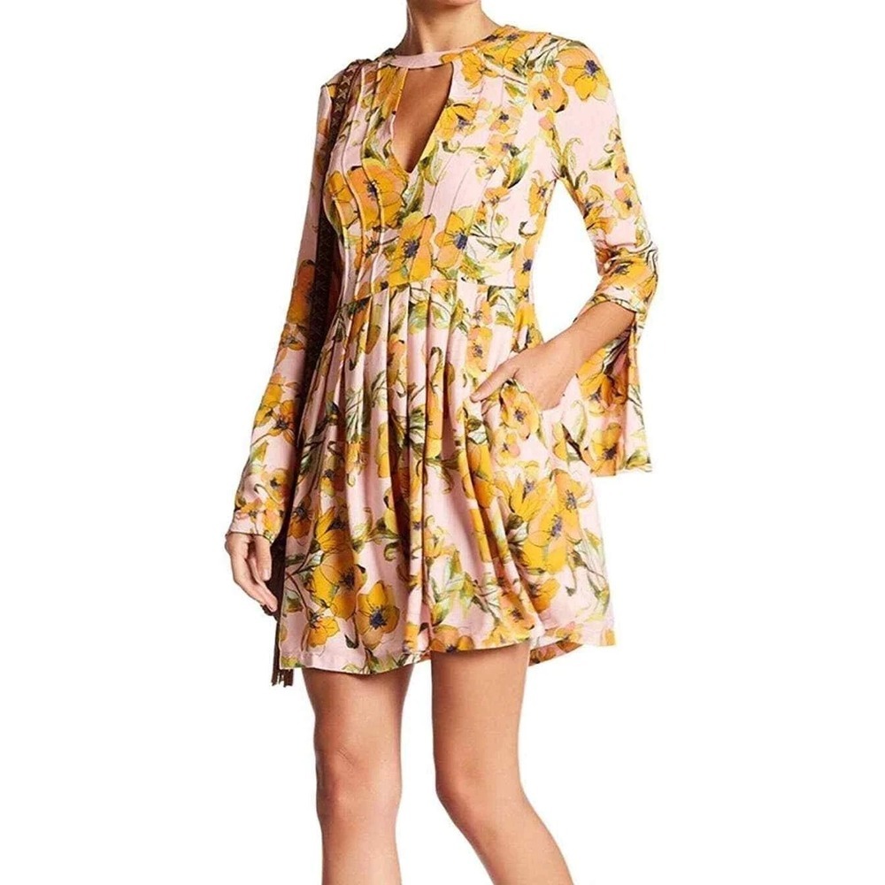Free People Tegan Printed Mini Dress Long Sleeve I Pockets Multicolor